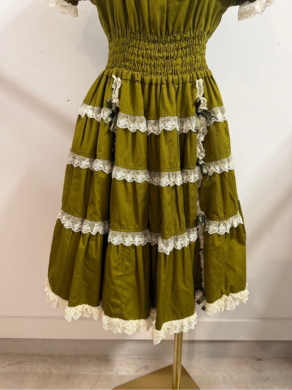 Innocent World M/L Olive Green Lace-Trim Tiered Tulle Dress Cottagecore Coquette - Picture 3 of 10